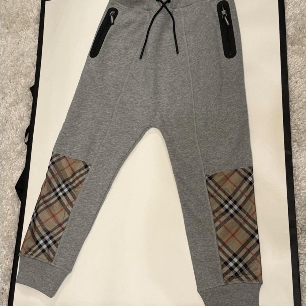 Burberry Gray Joggers with Signature Plaid Knee Panels Kids Sz 10 NWT